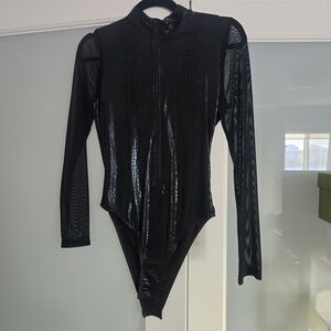 SHEIN Black Faux Croc Mesh Sleeve Bodysuit